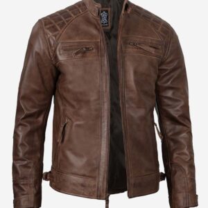 Men’s Vintage Brown Leather Biker Jacket – Quilted Shoulder Design